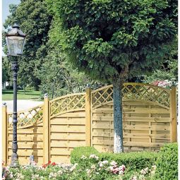 T&J Sichtschutzzaun Maxi Doppelbogen Hochbogen mit Dekorgitter Sichtschutz Lamellenzaun Hochbogenzaun mit 10x10 cm Rankgitter, geriffelten Lamellen, Edelstahlverschraubung und Kesseldruckimprägniertem Holz – langlebig & stilvoll, in 2 Größen erhältlich