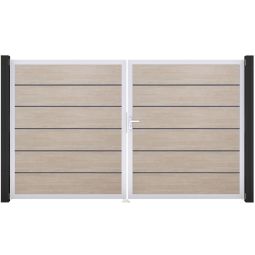 GroJa Doppeltor BasicLine Premium PVC-Steckzaun Sheffield Oak  Füllungen mit strapazierfähigen PVC-Folien veredelt, Aluminium-Rahmen, Größe 300x180x4 cm
