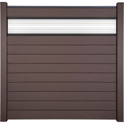 GroJa Solid Steckzaun Sichtschutzzaun mit 30 cm ESG-Glas Designeinsatz Terra Sichtschutz Steckzaun Lamellenzaun Bausatz aus 10 Füllungen und einem Glaseinsatz, 180x180x1,9 cm, mit Adapterleisten, Abschlussprofil und Distanzstück-Set