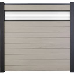 GroJa Solid Steckzaun Sichtschutzzaun mit 30 cm ESG-Glas Designeinsatz Bi-Color Sand Sichtschutz Steckzaun Lamellenzaun Bausatz aus 10 Füllungen und einem Glaseinsatz, 180x180x1,9 cm, mit Adapterleisten, Abschlussprofil und Distanzstück-Set