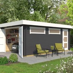 WEKA Einzelgarage 441 Holz graphitgrau mit Holztor, 2 Fenstern und einem separaten Eingang