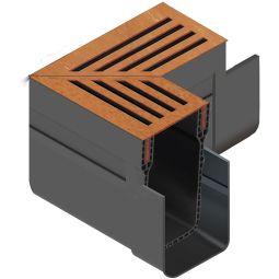 ACO Slimline Eckelement mit Eckrost aus Cortenstahl Ein Rinnenverbinder aus Kunststoff und zwei Eckrosten für Linienentwässerung