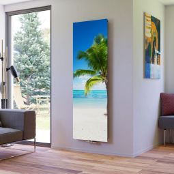 Ximax Raumheizkörper Design Heizkörper P1 Plan Print Palme vertikal Eleganter Designheizkörper mit 50 mm Mittelanschluss, glatte bedruckte Front mit einer Palme am Traumstrand