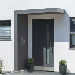 gutta Rechteckvordach BS Plus mit Briefkasten und Video anthrazit Modernes Vordach im Bauhausstil, integrierte Kamera und Sprechanlage fest im Seitenteil montiert