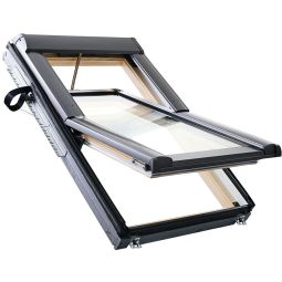 Roto Dachfenster Designo RotoTronic R69G H2E Comfort Verglasung Holz Elektro Fenster 3-fach Sicherheits- und Wärmedämm-Isolierverglasung, Schallschutzklasse 3, Anti-Tau Beschichtung, Schwingfenster