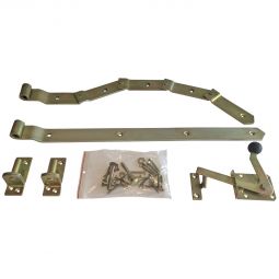 T&J Beschlag für Einzeltor Überwurfbeschlag gebogen Gebogener Einzeltor-Beschlag, gelb verzinkt, inkl. 60 cm Torbänder & Drückergarnitur – ideal für BRUNO & HUGO Einzeltore mit Bogen