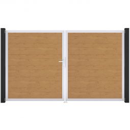 GroJa Doppeltor BasicLine PVC-Steckzaun Asteiche Natur  Füllungen mit strapazierfähigen PVC-Folien veredelt, Aluminiumrahmen pulverbeschichtet, 300x180 cm groß