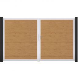 GroJa Doppeltor BasicLine schmal PVC-Steckzaun Asteiche Natur  Hochwertiger Aluminiumrahmen verleiht Stabilität, Füllungen mit PVC-Folien veredelt, 300x180x4 cm