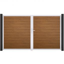 GroJa Doppeltor BasicLine schmal PVC-Steckzaun Golden Oak  Hochwertiger Aluminiumrahmen verleiht Stabilität, Füllungen mit PVC-Folien veredelt, 300x180x4 cm