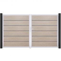 GroJa Doppeltor BasicLine Premium PVC-Steckzaun Sheffield Oak  Füllungen mit strapazierfähigen PVC-Folien veredelt, Aluminium-Rahmen, Größe 300x180x4 cm