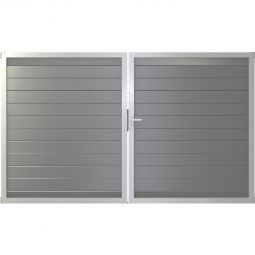 GroJa Doppeltor Lumino Aluminium Steckzaun Silbergrau  Stabiler Alu-Rahmen und Alu-Lamellen, pulverbeschichtet, edle Optik, 300x180x4 cm groß