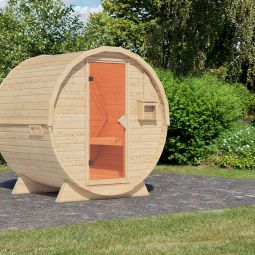 Karibu Fasssauna 1 naturbelassen verschiedene Varianten, aus 38 mm massivem nordischem Fichtenholz