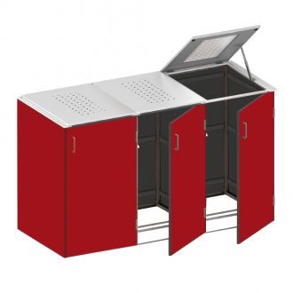 Binto-Mülltonnenbox-3er-Box-HPL-Rot-Edelstahl-Klappdeckel-1